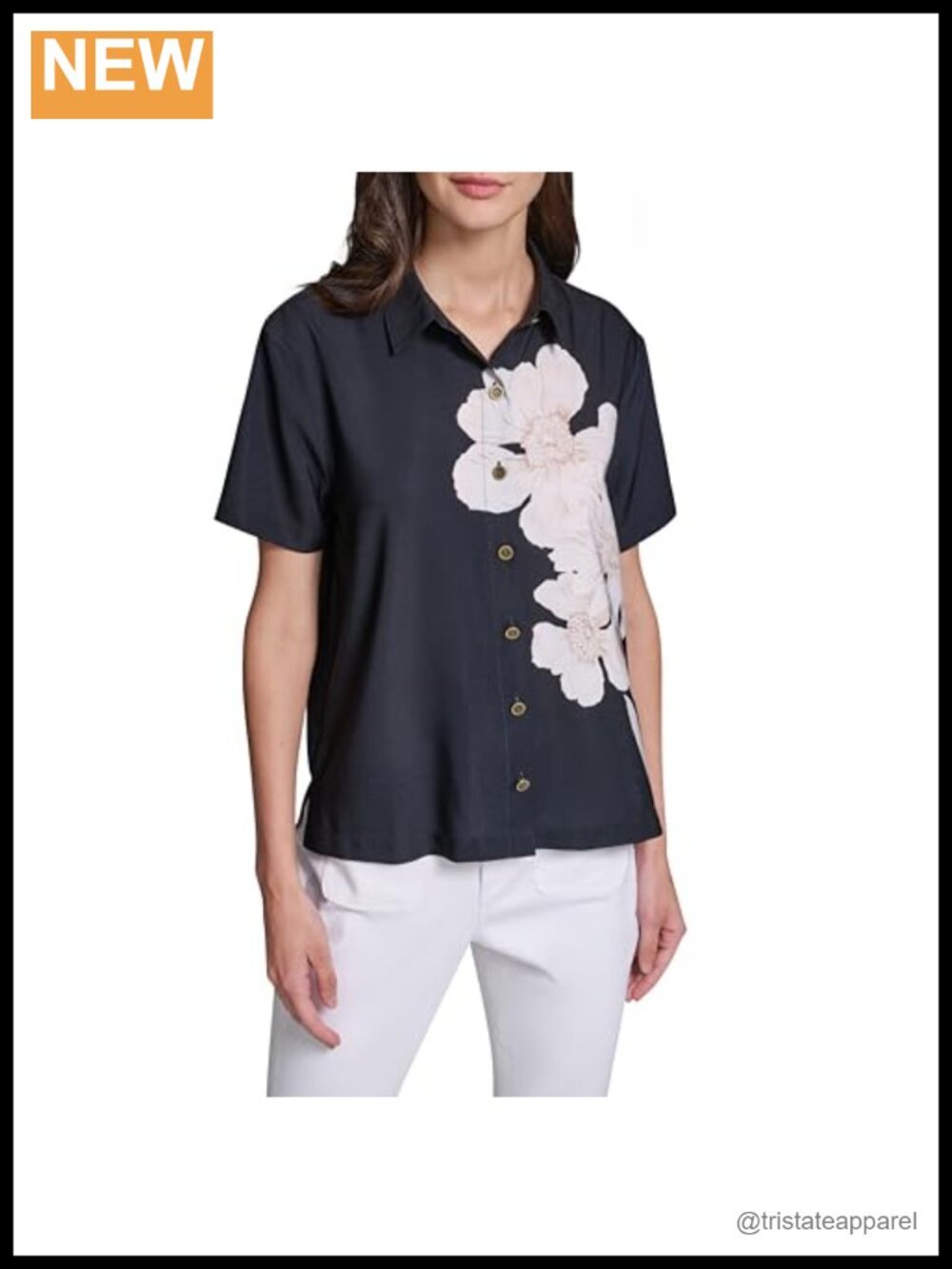 Karl Lagerfeld Floral Short Sleeve Blouse - 100% Polyester Button Down Shirt